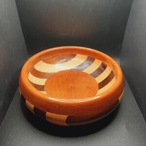 VTG 8" Hand Turned Segmented Wood Bowl Checkerboard Inlaid Hardwood Centerpiece